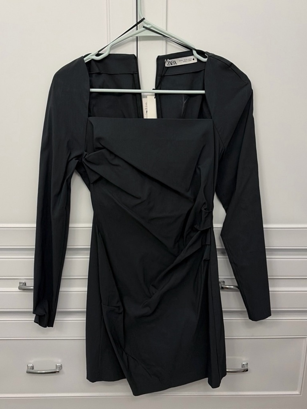 Zara Black Long-Sleeve Draped Mini Dress